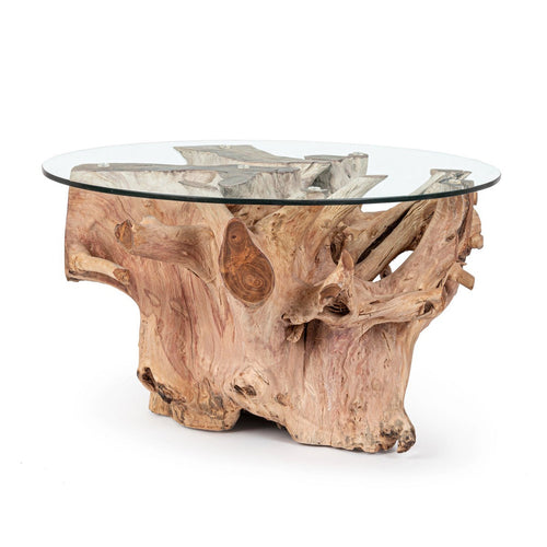 Tavolino Rosalind struttura in radici di teak e piano in vetro per interni