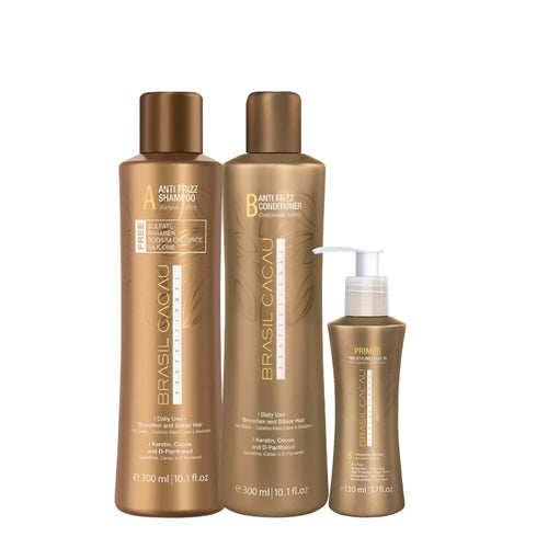 Cadiveu brasil cacau kit anti frizz: primer 110 ml + shampoo 300 ml + conditioner 300 ml , migliora e prolunga il trattamento alla keratina