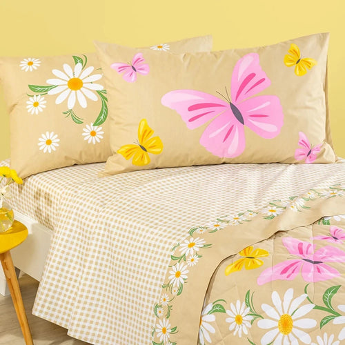 Completo Lenzuola Cotone Margherite Singolo Naturale/Azzurro Caleffi Kids