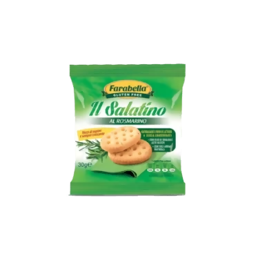 Il Salatino senza glutine al Rosmarino Farabella 30g senza lattosio con olio di girasole alto oleico e con soli aromi naturali.