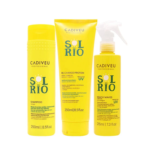 Cadiveu Professional Sol Do Rio kit composto da: shampoo 250 ml + re-charge protein 250 ml + beach waves 215 ml